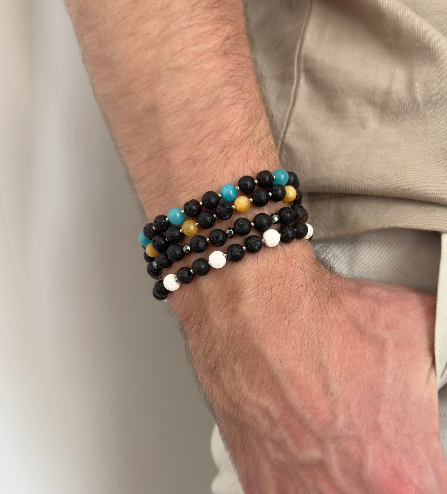 Unisex macrame bracelet with lava stone and amazonite