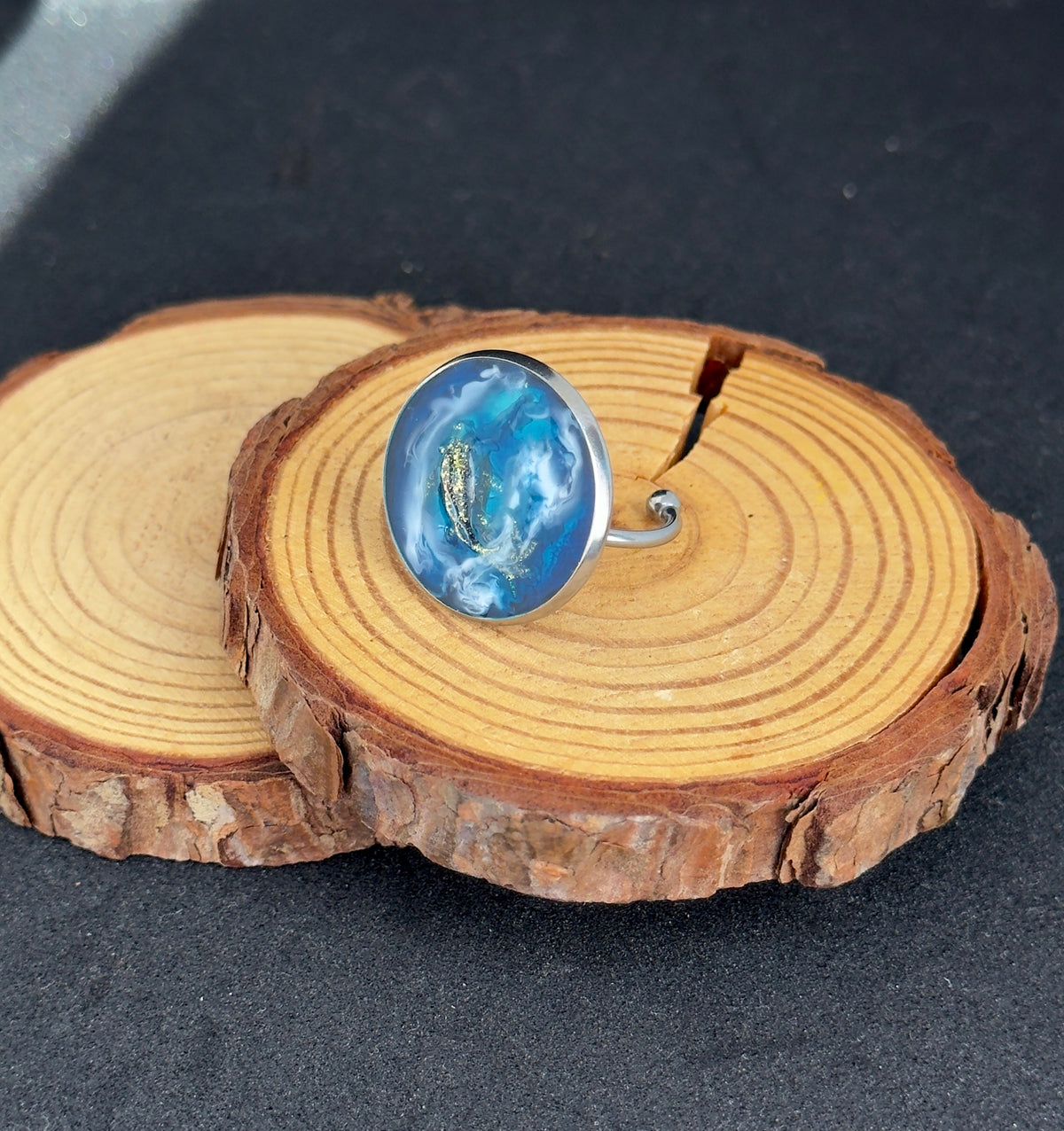 Stainless steel ring, dark blue ring with a little fish