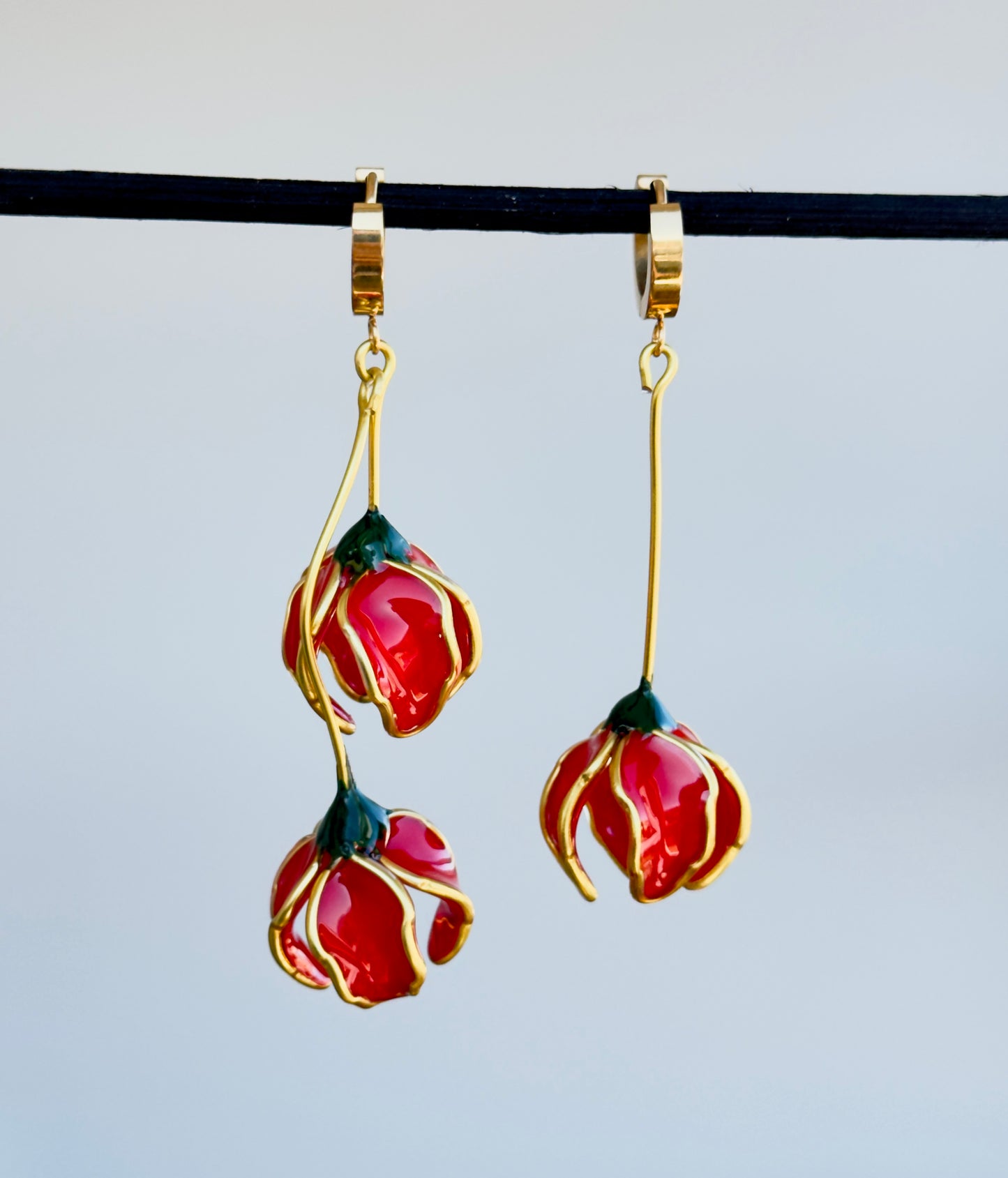 Pendientes con forma de flor, pendientes largos asimétricos Rojo