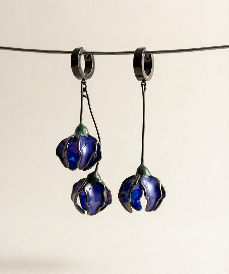 Pendientes con forma de flor, pendientes largos asimétricos Azules