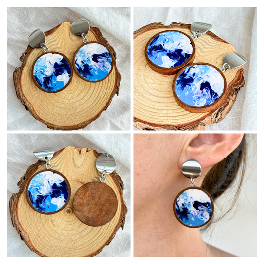 Pendientes de acero inoxidable con resina, pendientes de madera