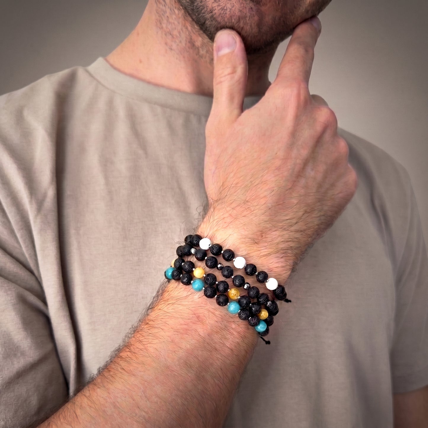 Unisex macrame bracelet with lava stone and jade