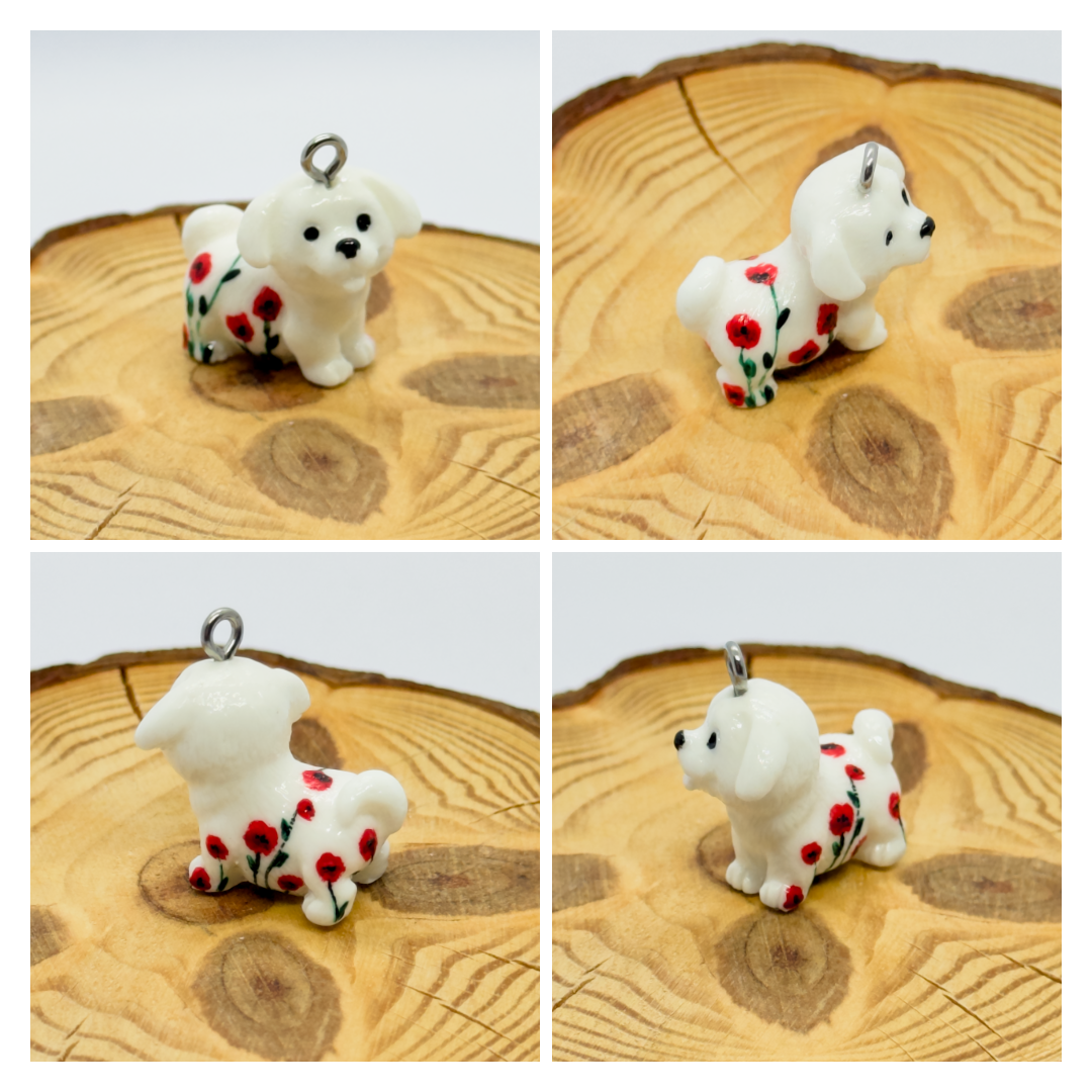 All pendants feature a miniature dog and hand-painted details.