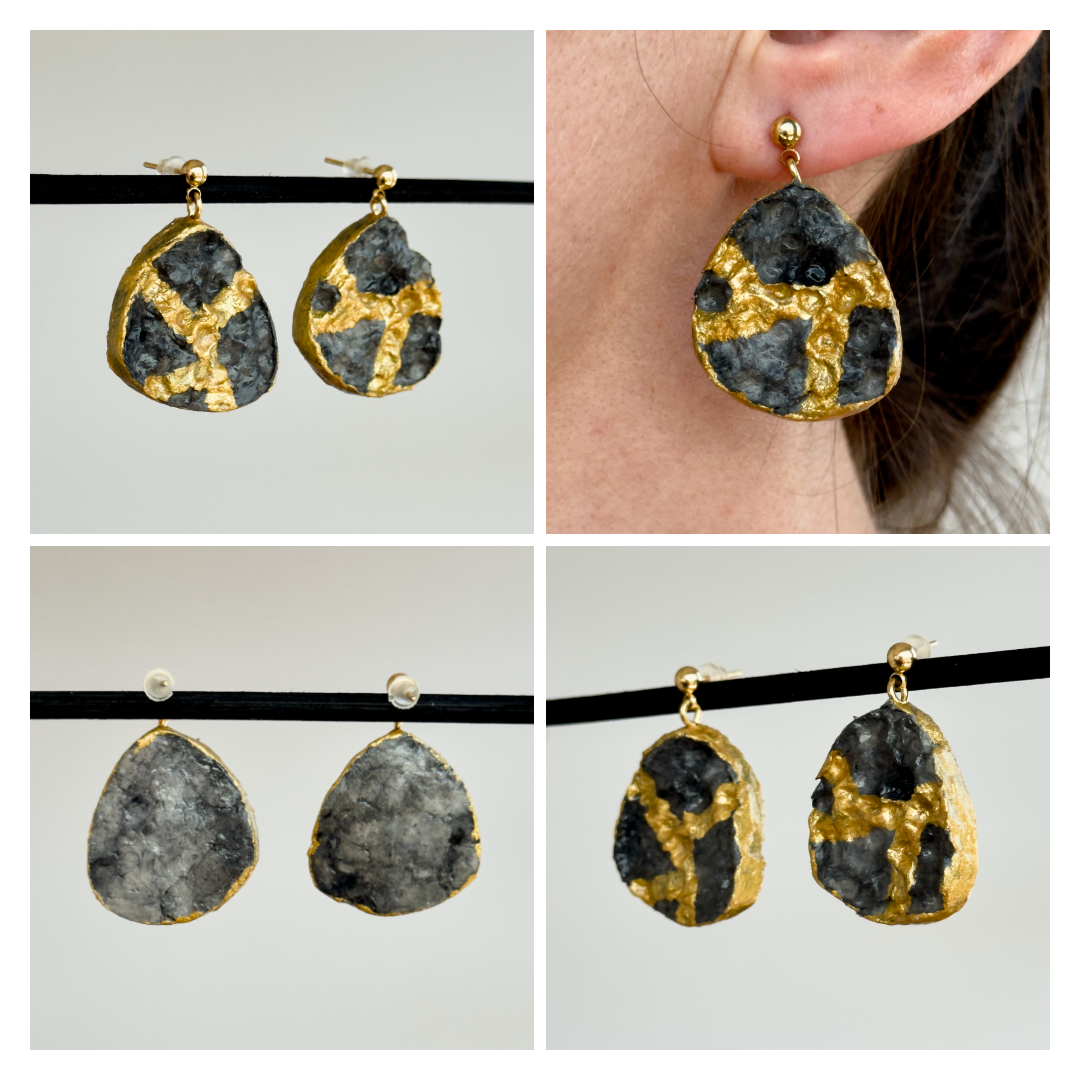 Pendientes de papel reciclado, pendientes dorados y grises, joyas ligeras de acero inoxidable
