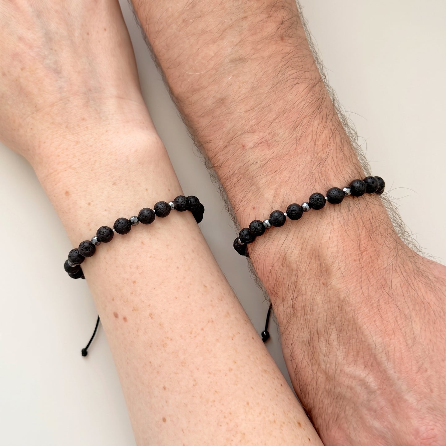 Unisex macrame bracelet with hematite and lava stone
