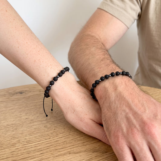 Unisex macrame bracelet with hematite and lava stone