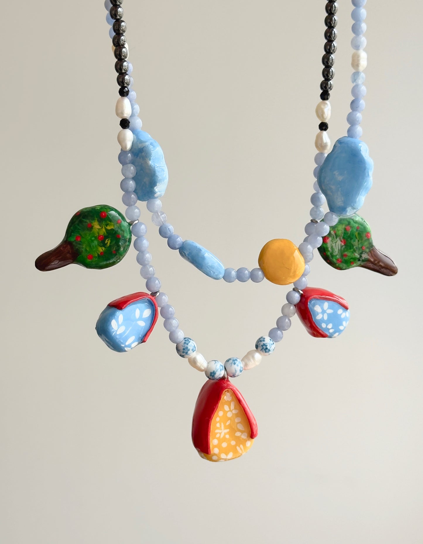 "Home" Necklace. Necklace with little houses and natural stones