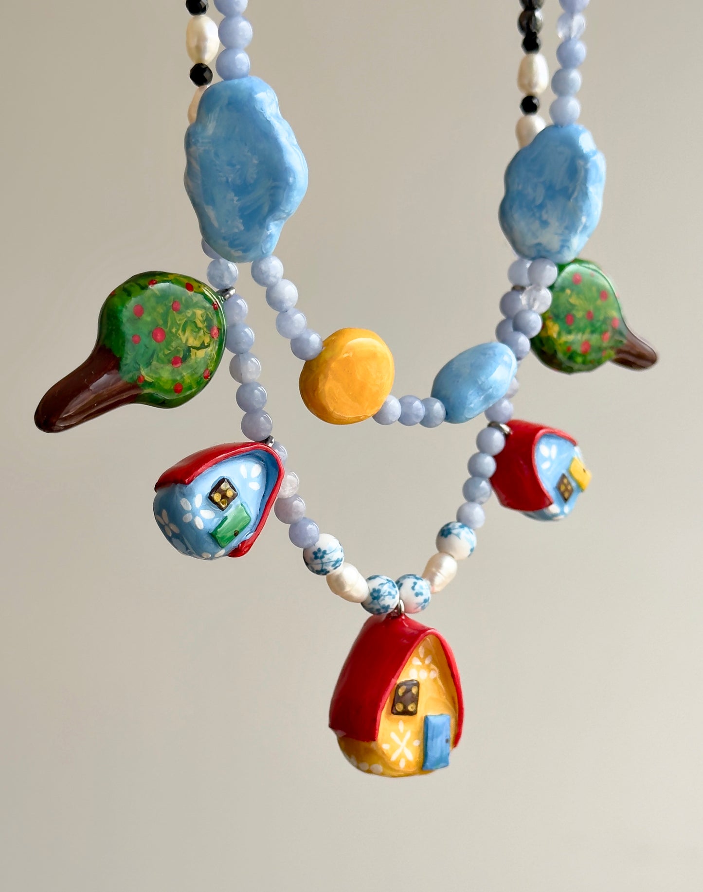 "Home" Necklace. Necklace with little houses and natural stones