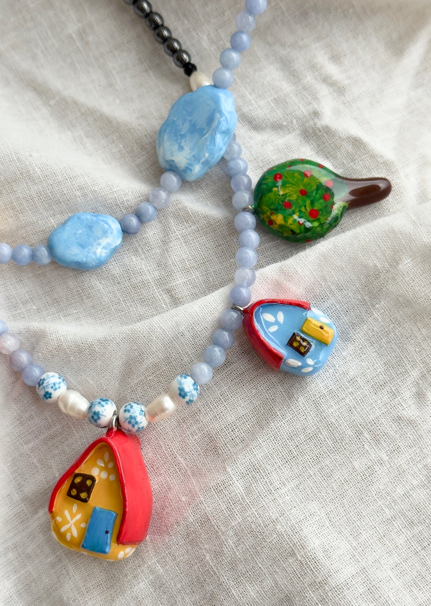 "Home" Necklace. Necklace with little houses and natural stones