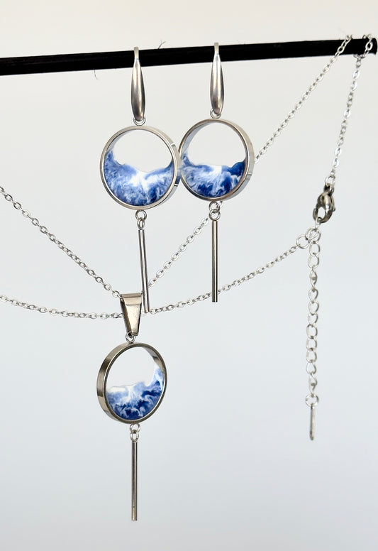 Stainless steel earrings and wave pendant