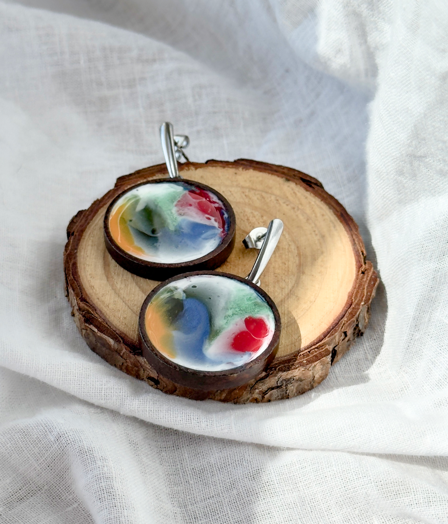 Pendientes de acero inoxidable con resina, pendientes de madera