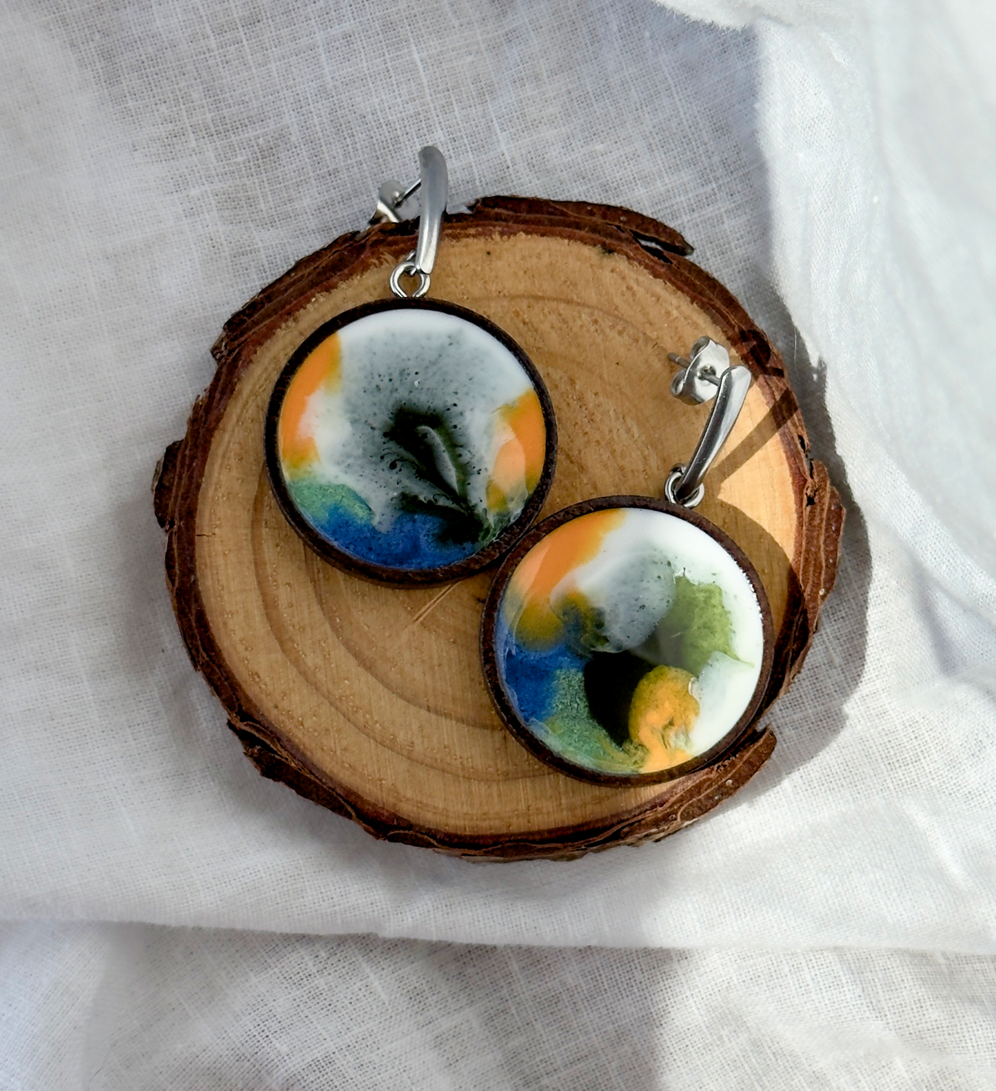 Pendientes de acero inoxidable con resina, pendientes de madera
