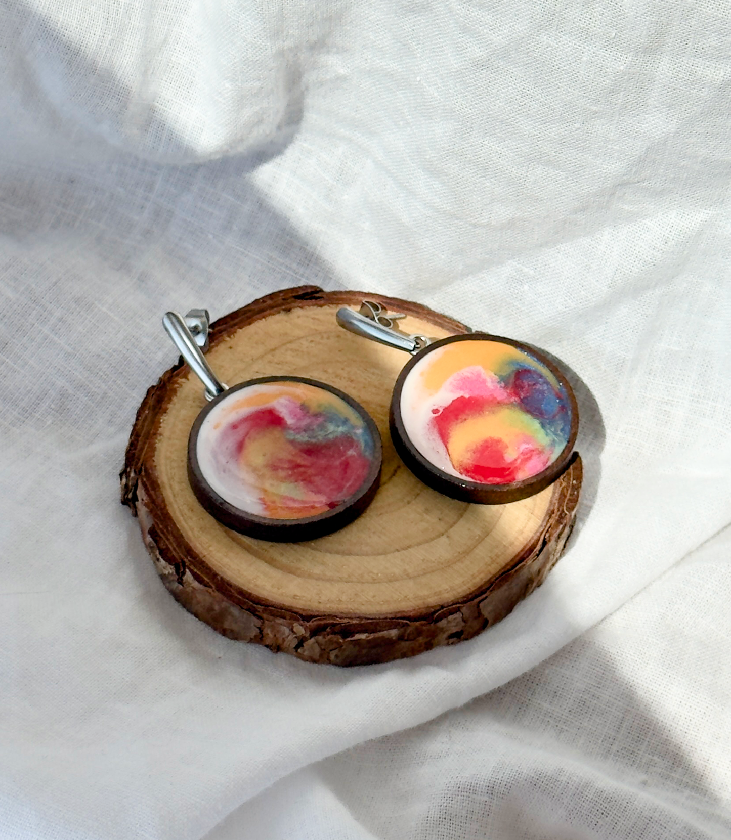 Pendientes de acero inoxidable con resina, pendientes de madera