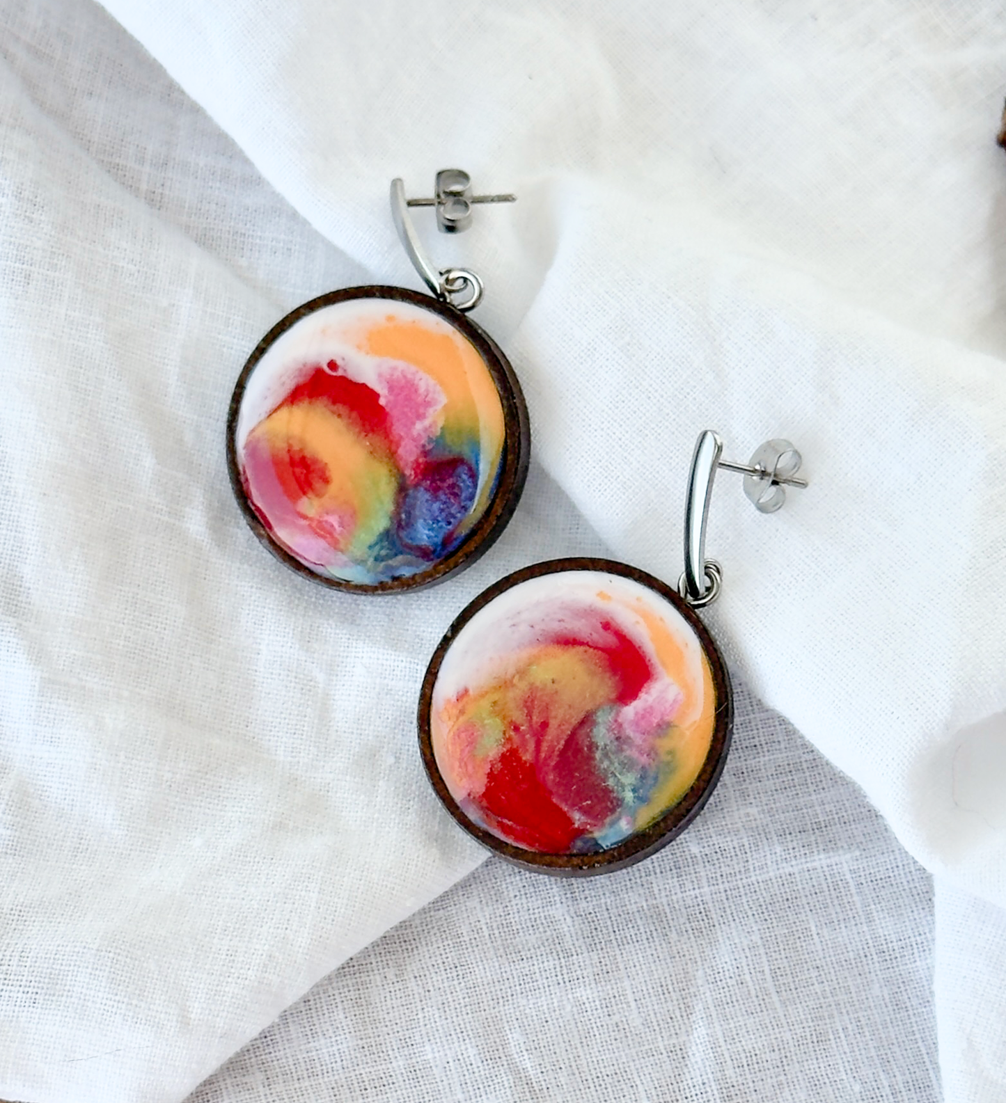Pendientes de acero inoxidable con resina, pendientes de madera