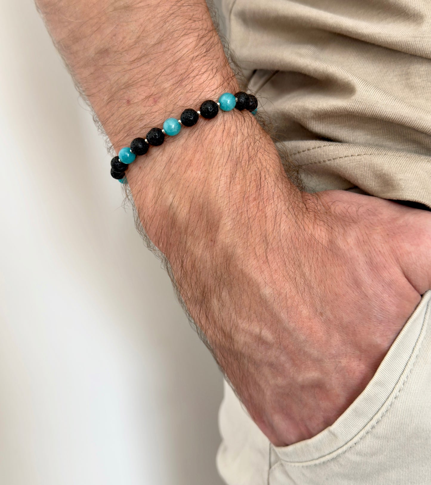 Unisex macrame bracelet with lava stone and amazonite
