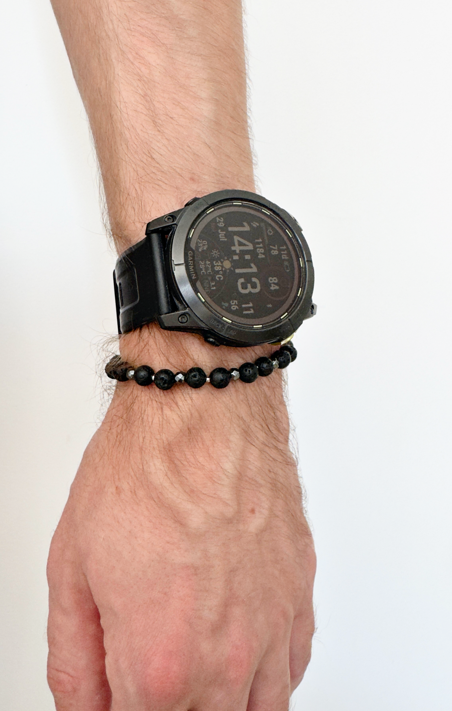 Unisex macrame bracelet with hematite and lava stone