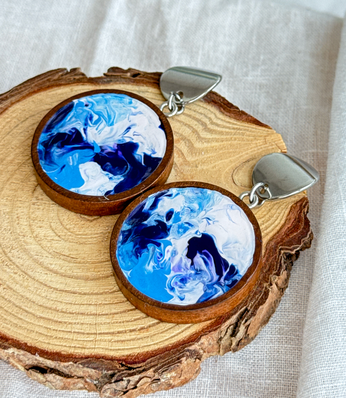 Stainless steel earrings with resin, wooden earrings
