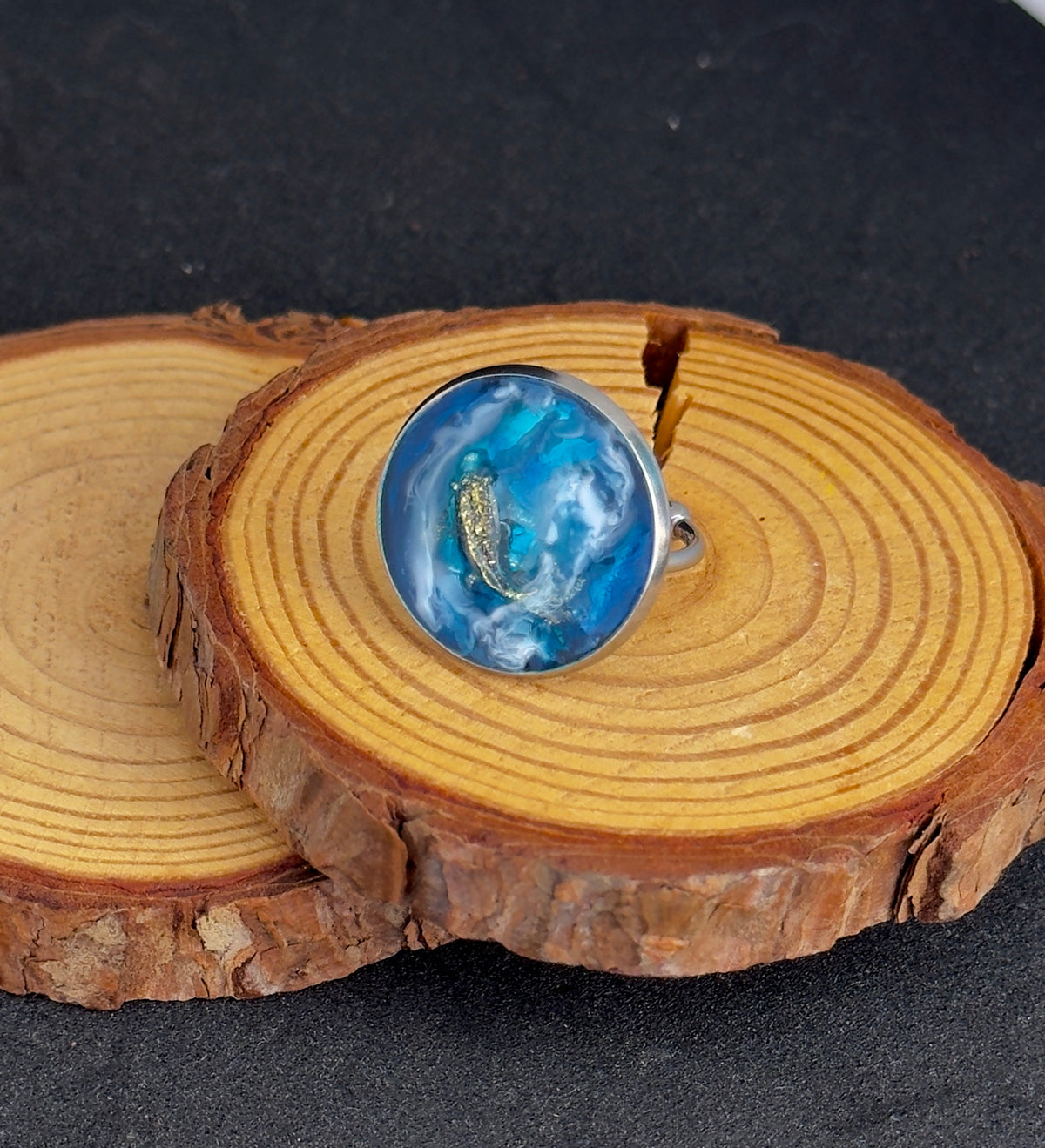 Stainless steel ring, dark blue ring with a little fish