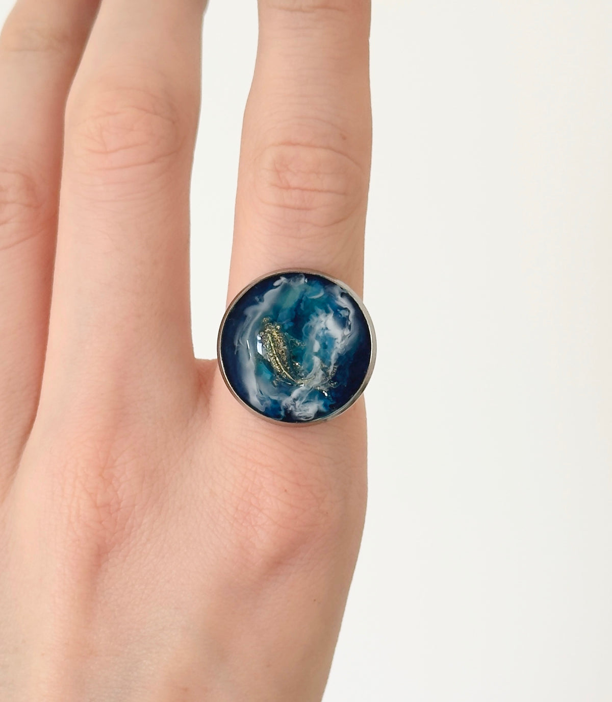 Stainless steel ring, dark blue ring with a little fish