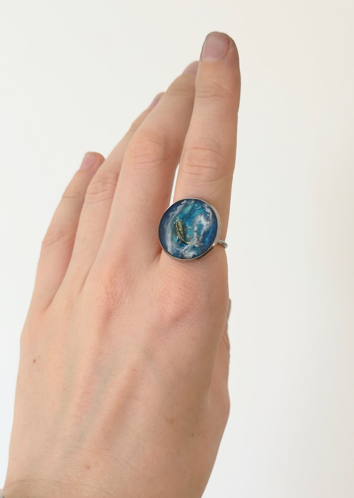 Stainless steel ring, dark blue ring with a little fish