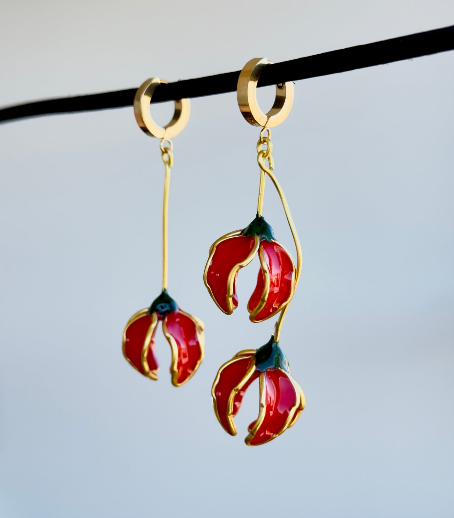 Pendientes con forma de flor, pendientes largos asimétricos Rojo