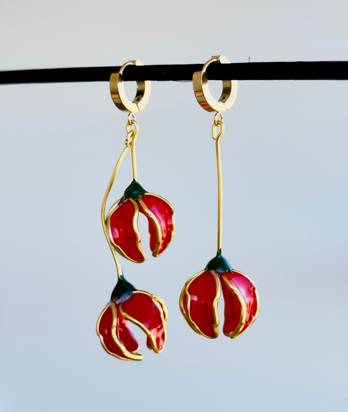 Pendientes con forma de flor, pendientes largos asimétricos Rojo