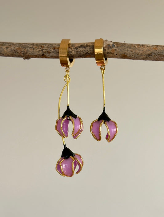Pendientes largos asimétricos de acero inoxidable, pendientes dorados con flores rosas