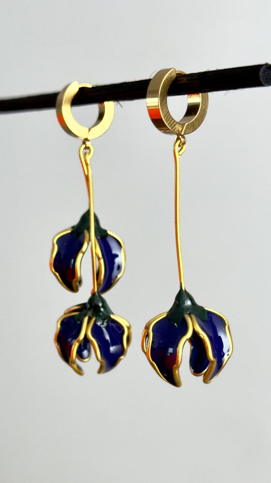 A02. Pendientes con forma de flor, pendientes largos asimétricos Azul