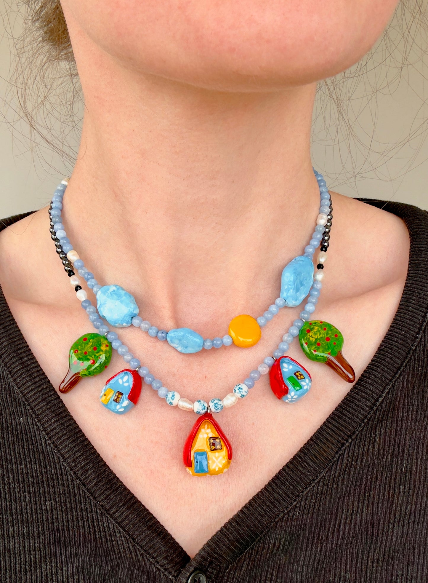 "Home" Necklace. Necklace with little houses and natural stones