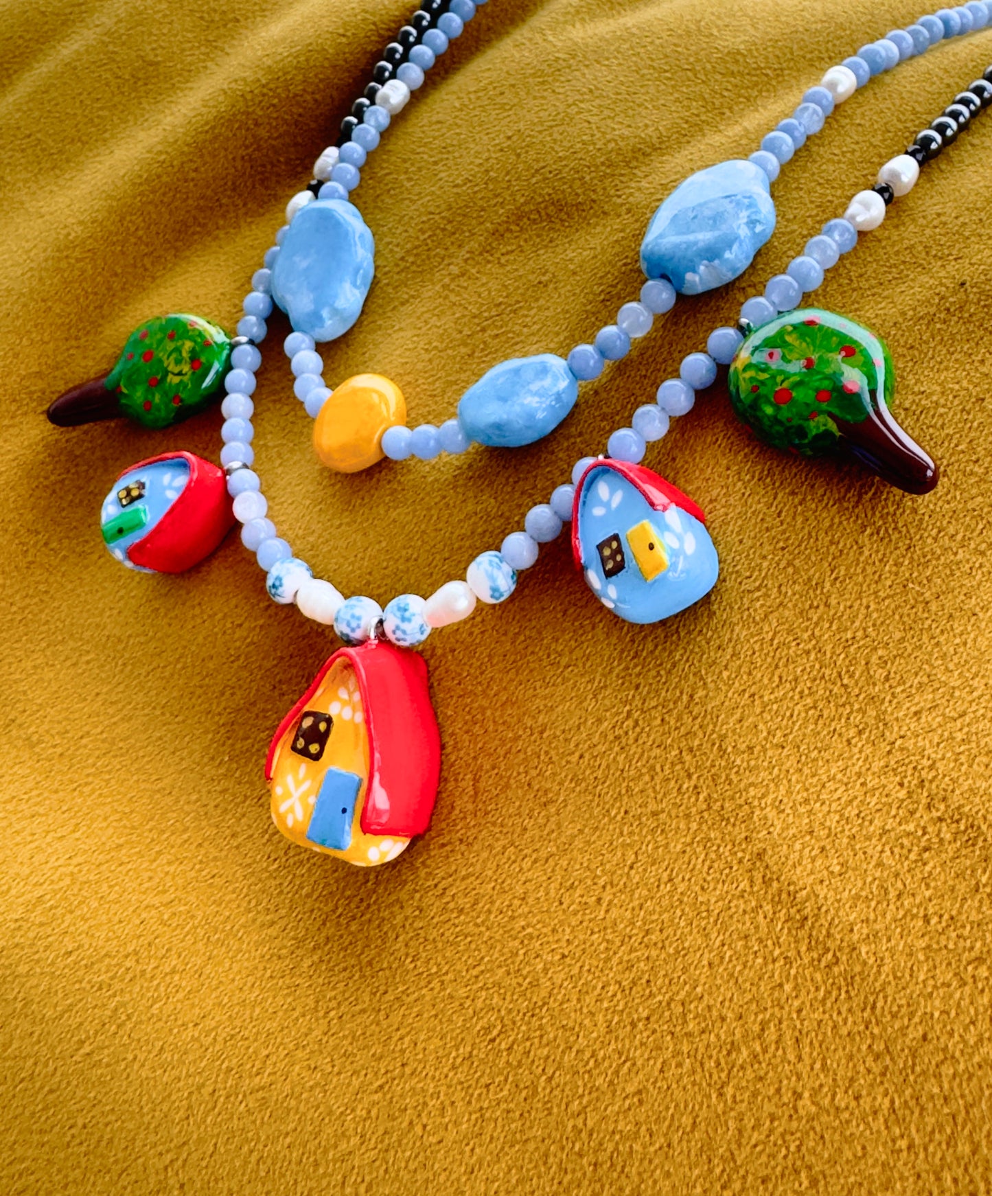 "Home" Necklace. Necklace with little houses and natural stones
