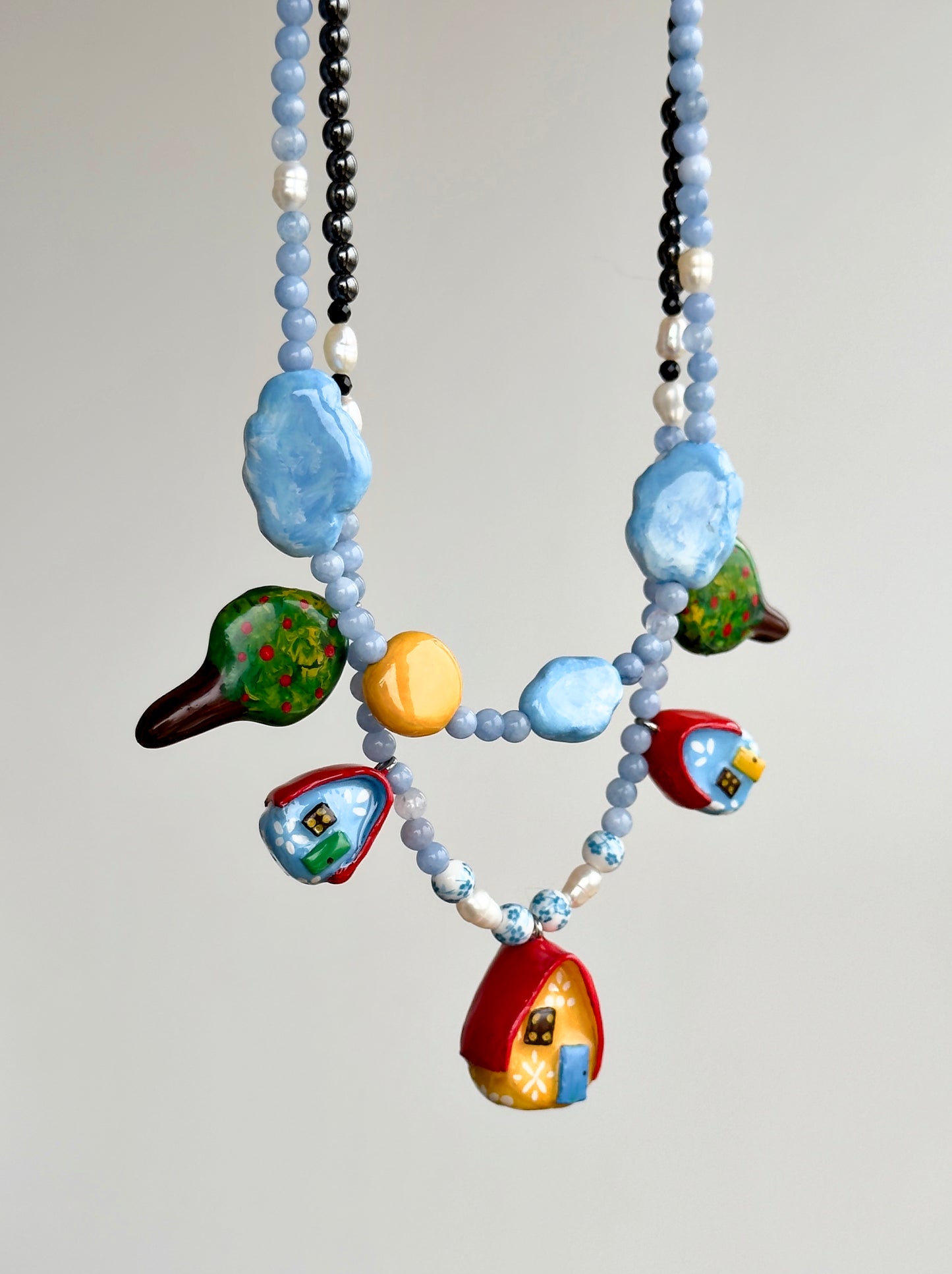 "Home" Necklace. Necklace with little houses and natural stones