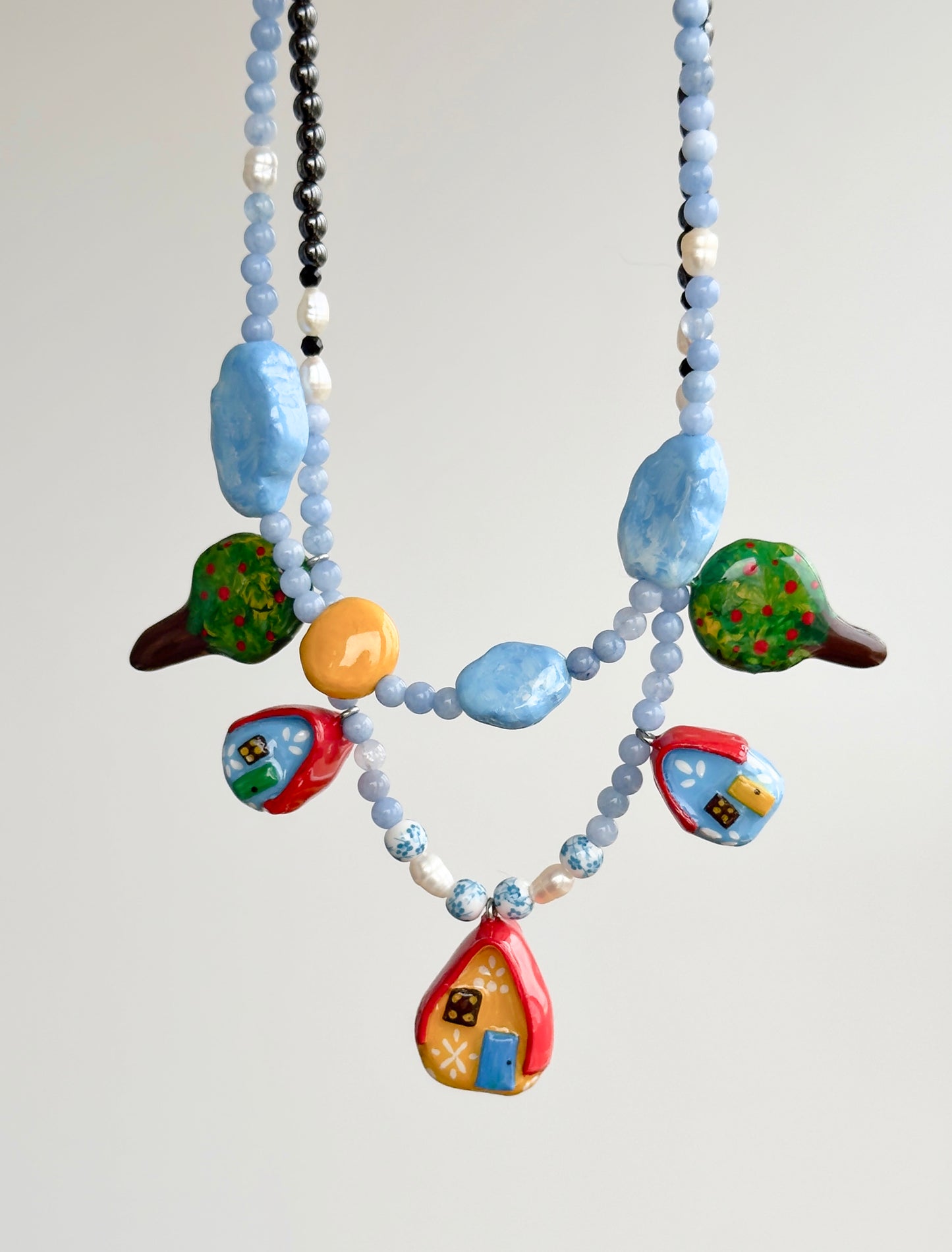 "Home" Necklace. Necklace with little houses and natural stones