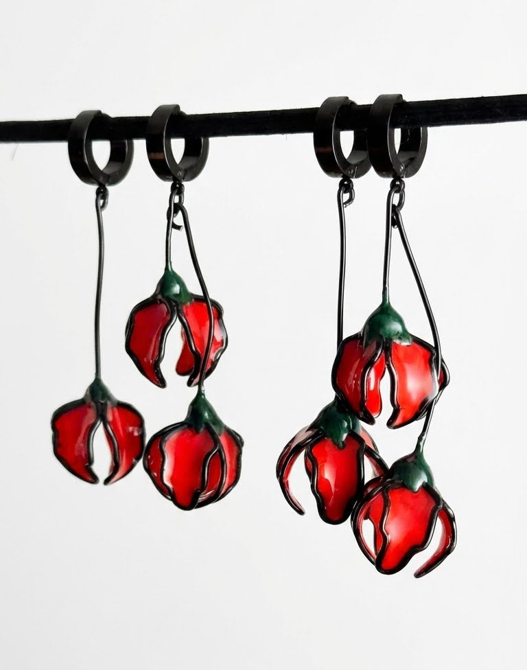 B03. Flower-shaped earrings, Red asymmetrical dangle earrings