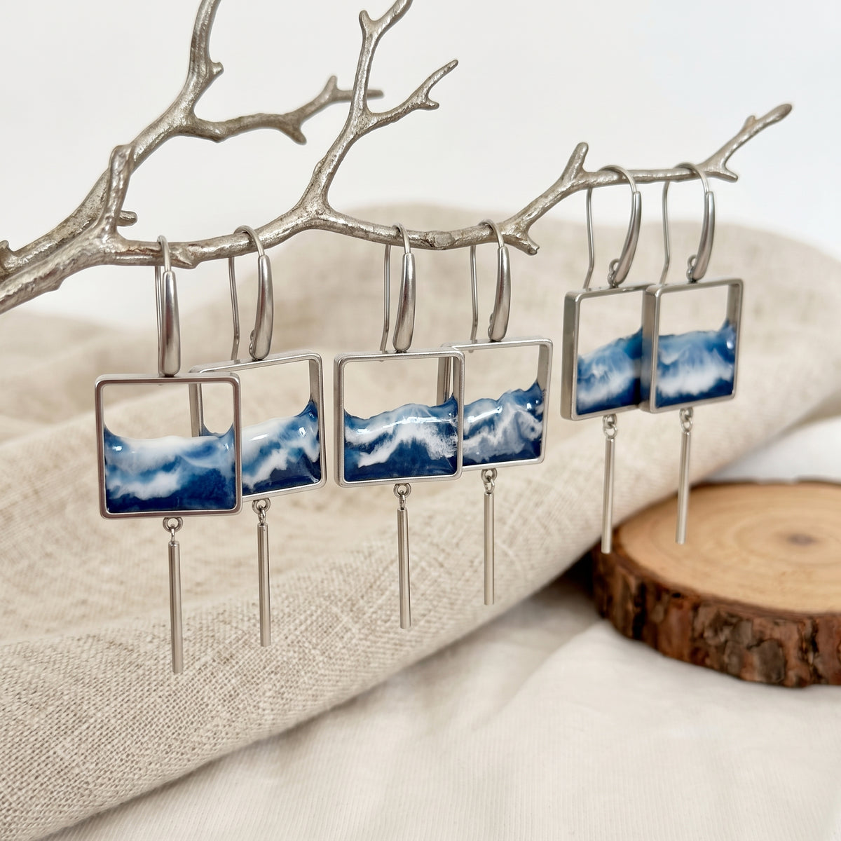 "El mar" Pendientes de acero inoxidable con diseño de olas