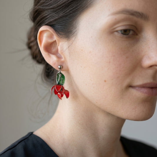Stainless steel earrings with red flowers