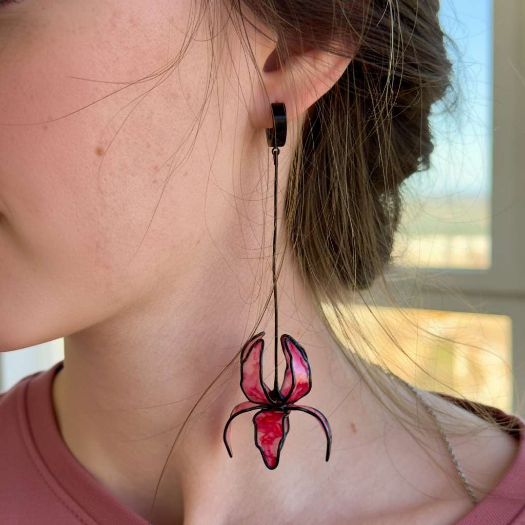 Pendientes con forma de flor, pendientes largos rosa y negros