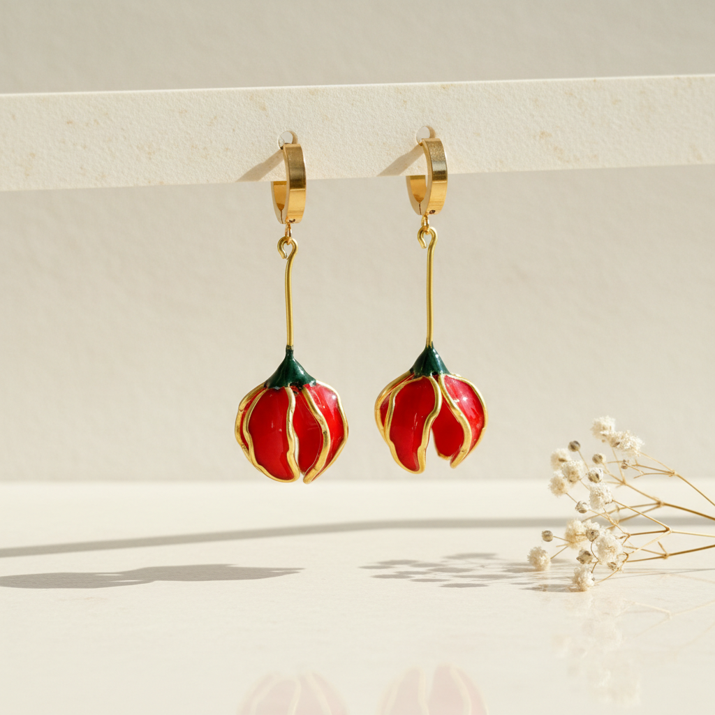 Flower-shaped earrings, long asymmetrical white earrings