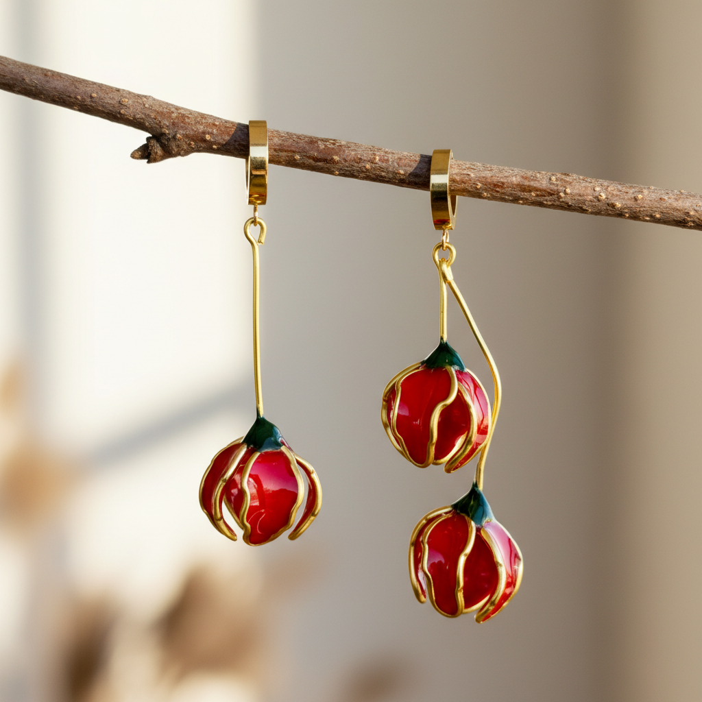Pendientes con forma de flor, pendientes largos asimétricos Rojo