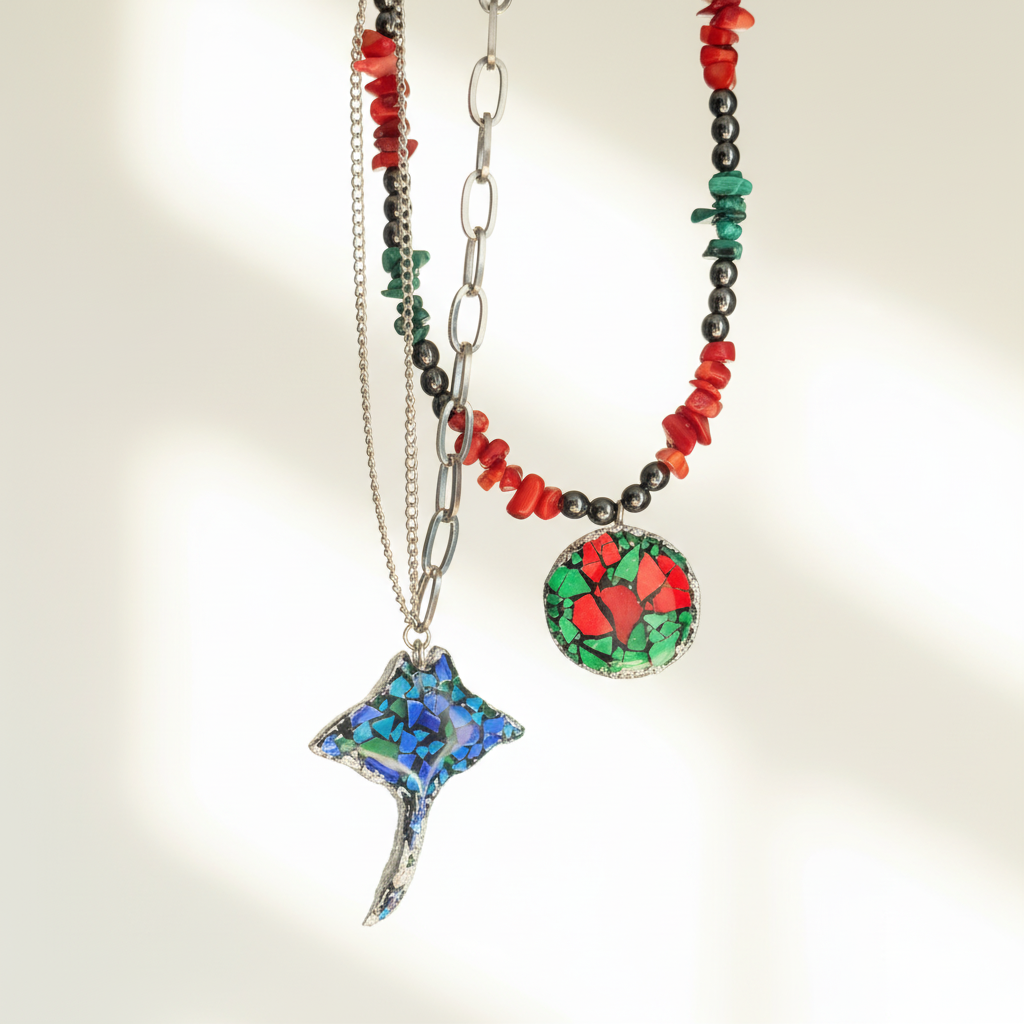 Collar con colgante de mosaico, gargantilla con piedras naturales