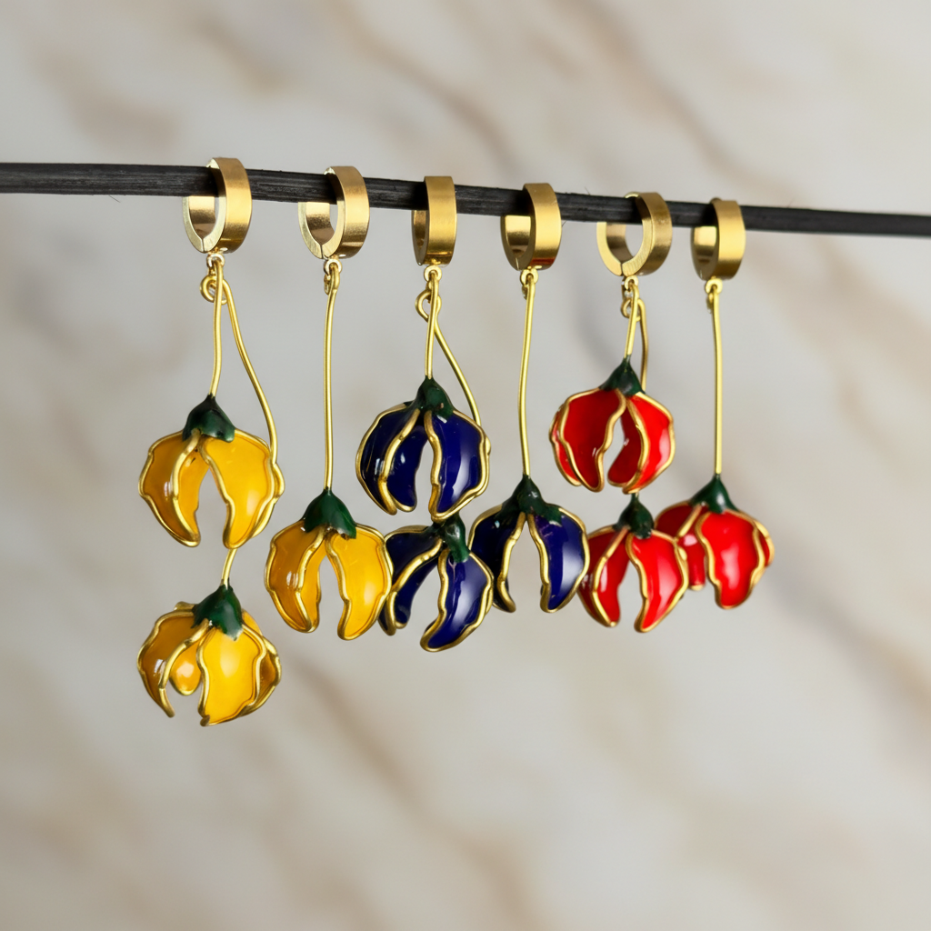Pendientes con forma de flor, pendientes largos asimétricos Amarillos