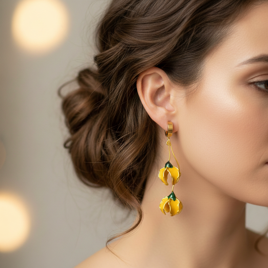 Pendientes con forma de flor, pendientes largos asimétricos Amarillos
