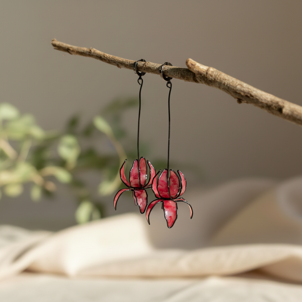 Pendientes con forma de flor, pendientes largos rosa y negros