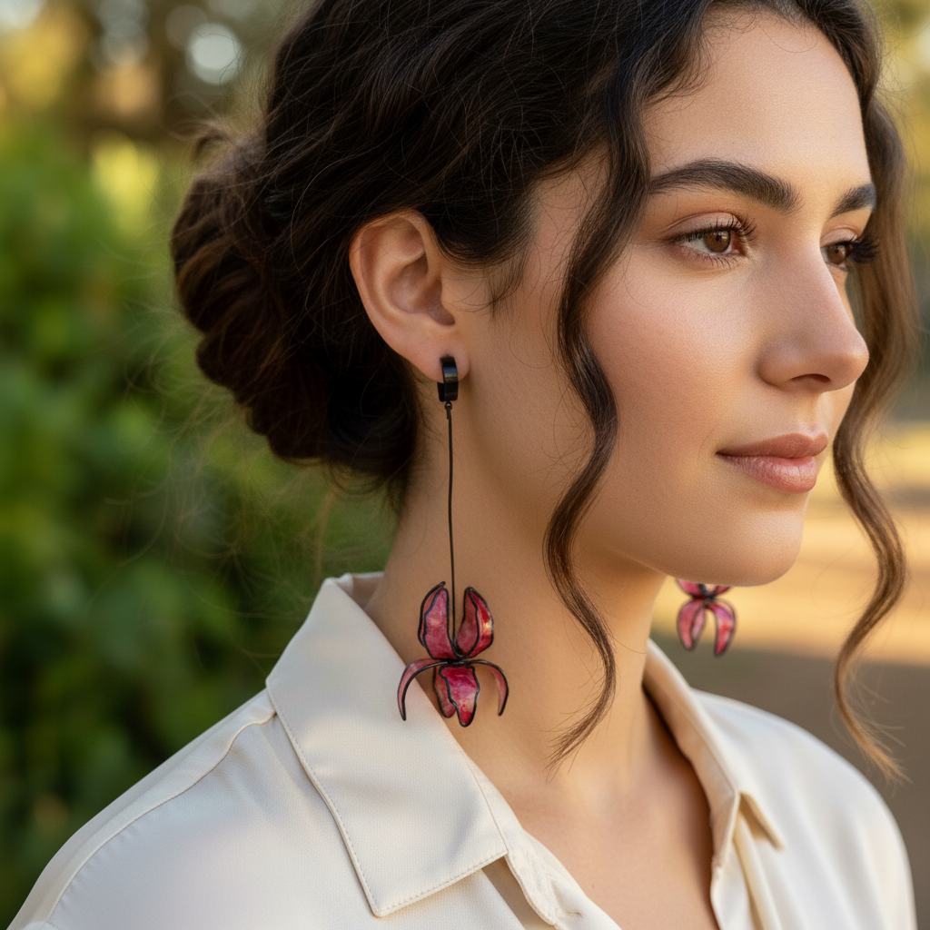 Pendientes con forma de flor, pendientes largos rosa y negros