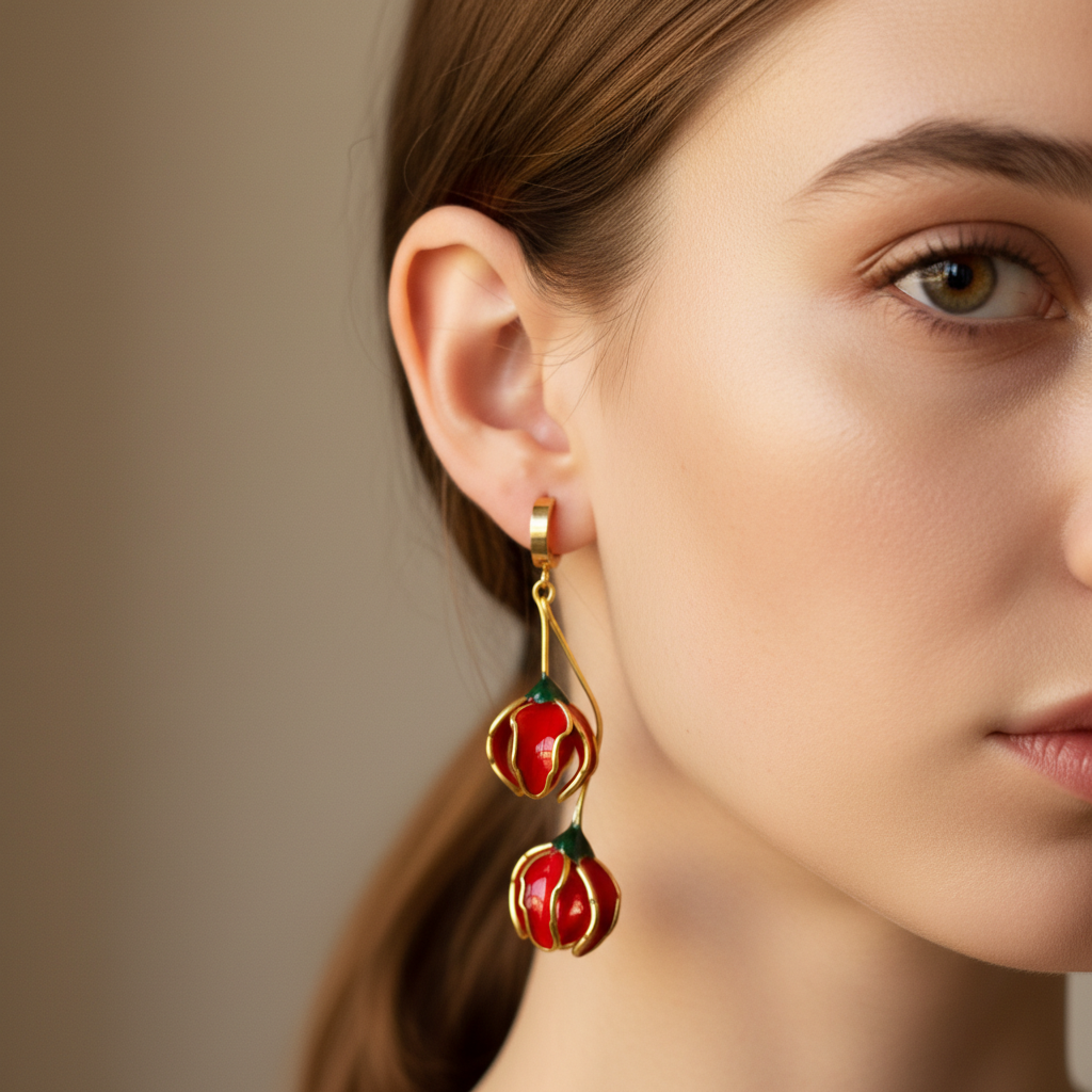 Pendientes con forma de flor, pendientes largos asimétricos Rojo