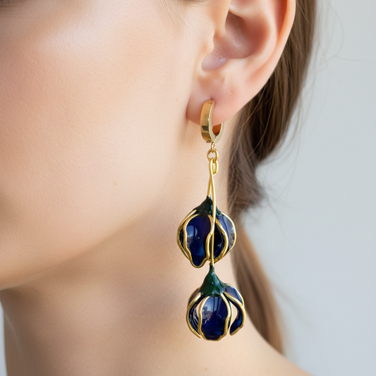 A02. Pendientes con forma de flor, pendientes largos asimétricos Azul