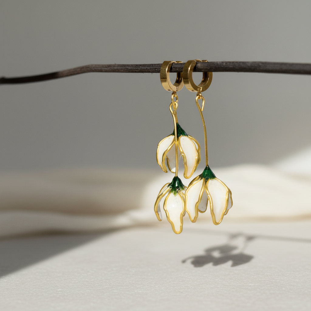 A01. Flower-shaped earrings, long asymmetrical white earrings