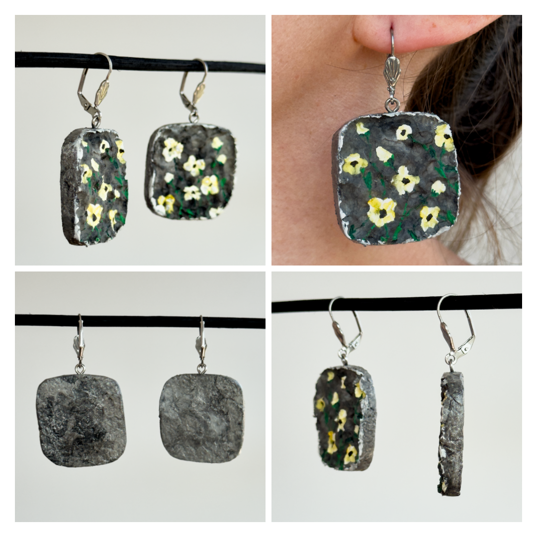 Pendientes de papel reciclado, pendientes dorados y grises, joyas ligeras de acero inoxidable