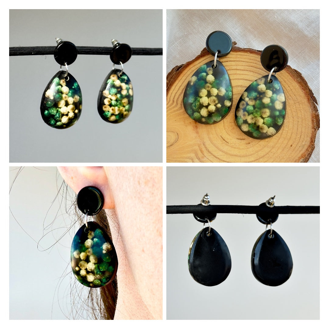 Black earrings with real flowers 